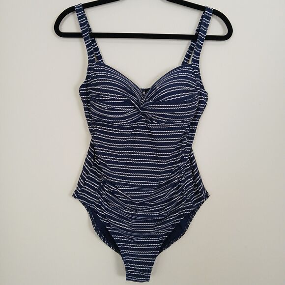Niptuck Swimsuit Women 10 One Piece Sweetheart Neckline‎ Striped Ruched Nautical - Picture 1 of 12